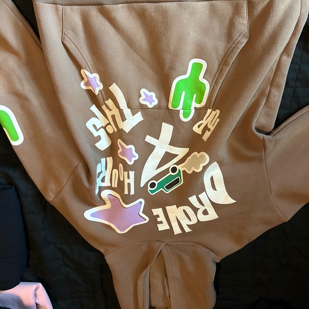 Brown Graphic Hoodie with Colorful Accents